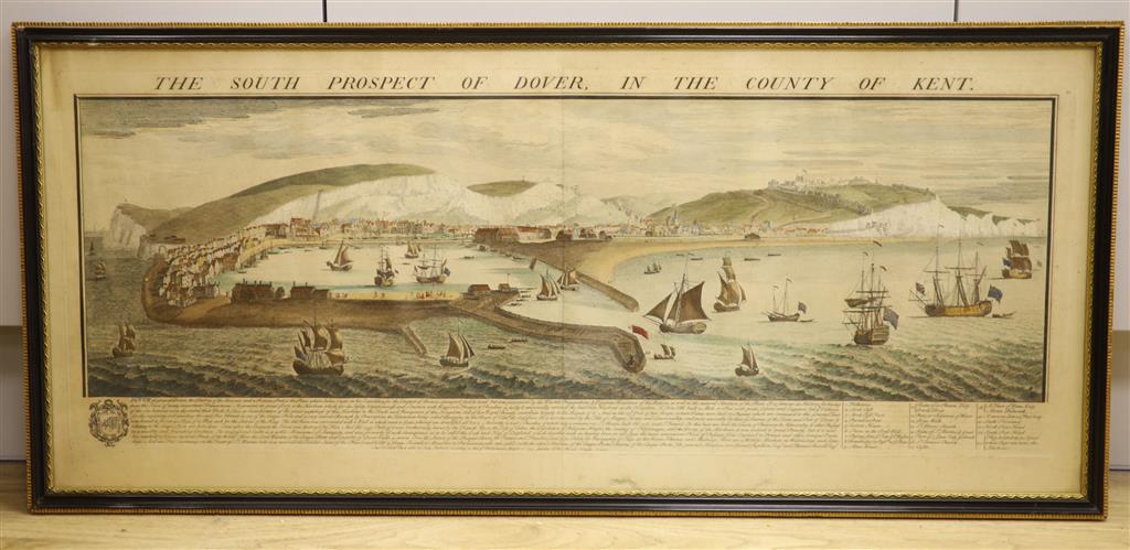 S and N Buck, coloured engraving, The South Prospect of Dover in the County of Kent, 35 x 83cm